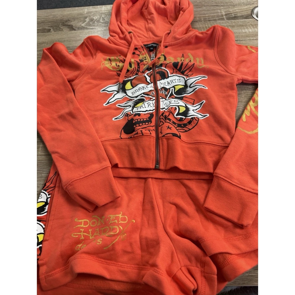 ED HARDY Tiger Zip Up Crop Hoodie & Shorts Set in Orange Size XS EUC A7